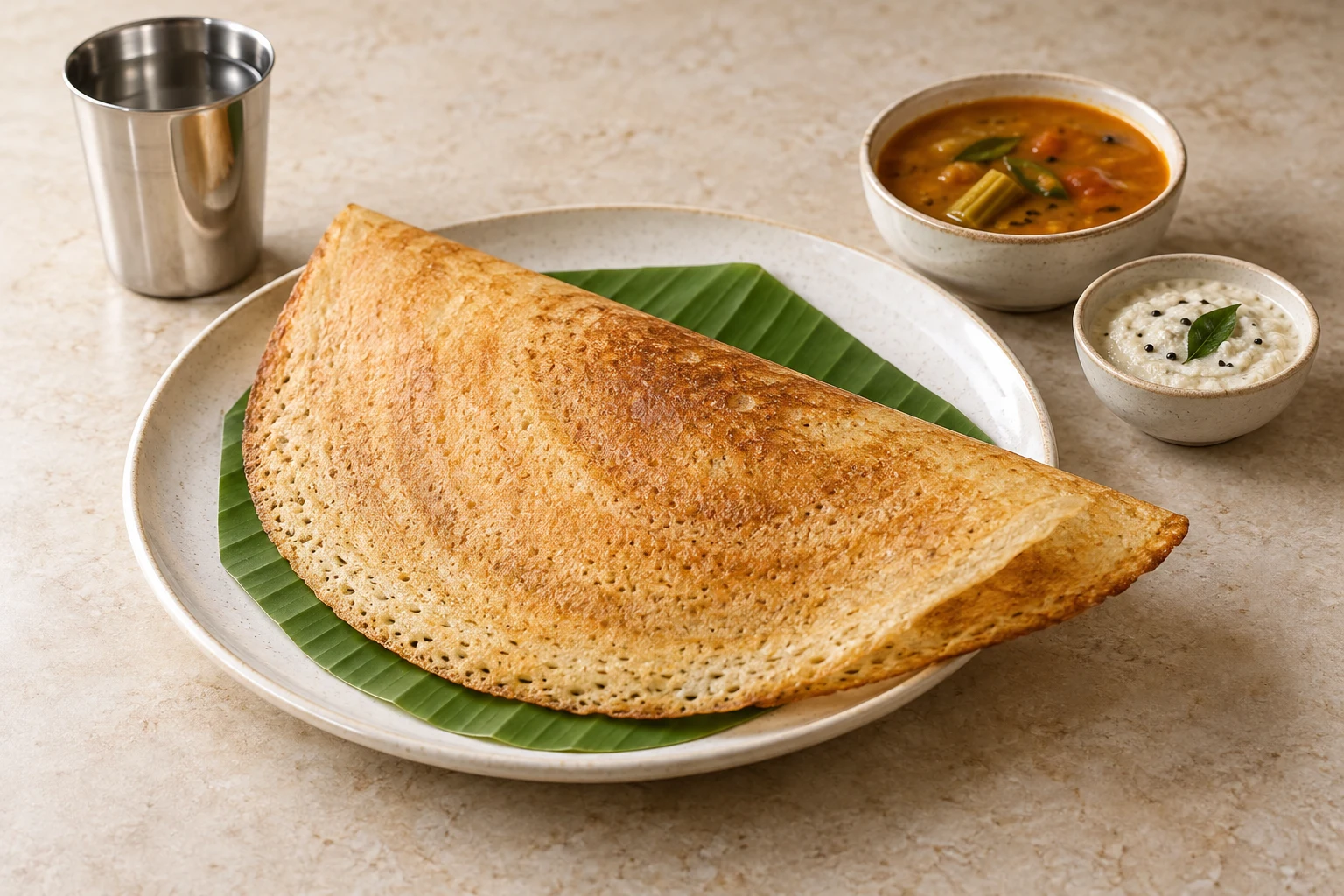 Golden dosa with coconut chutney and sambar on a warm stone table